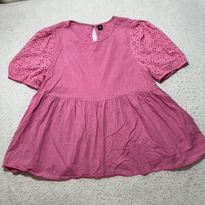 Shein Curve Women's Plus Size 2XL Pink Eyelet Short Puff Sleeve Babydoll Blouse